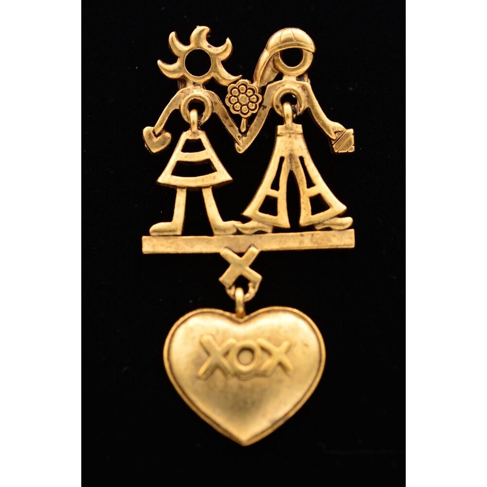 Danecraft Vintage Couple Pin Brooch Antiqued Gold XOX Love Valentine Heart BinA1